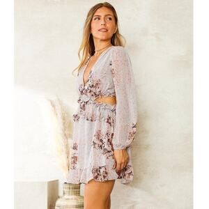 Privy Roses Floral Ruffled Chiffon Cut-out Mini Dress Lavender Pink Womens S